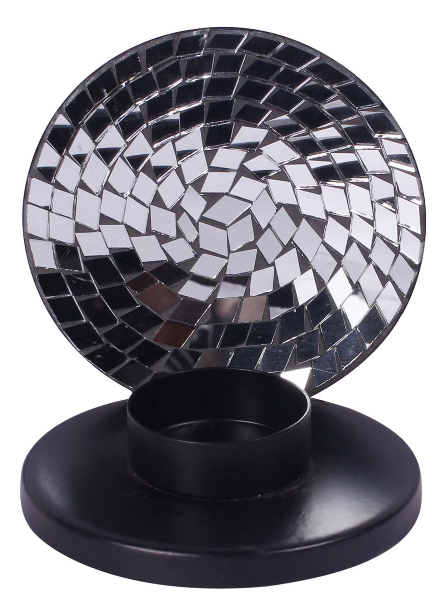 4” Sea-Shell Tea-Light Holder in Iron with Mirror-Work - Black - Mosaic Art Decor from India - Buy in Bulk Wholesale